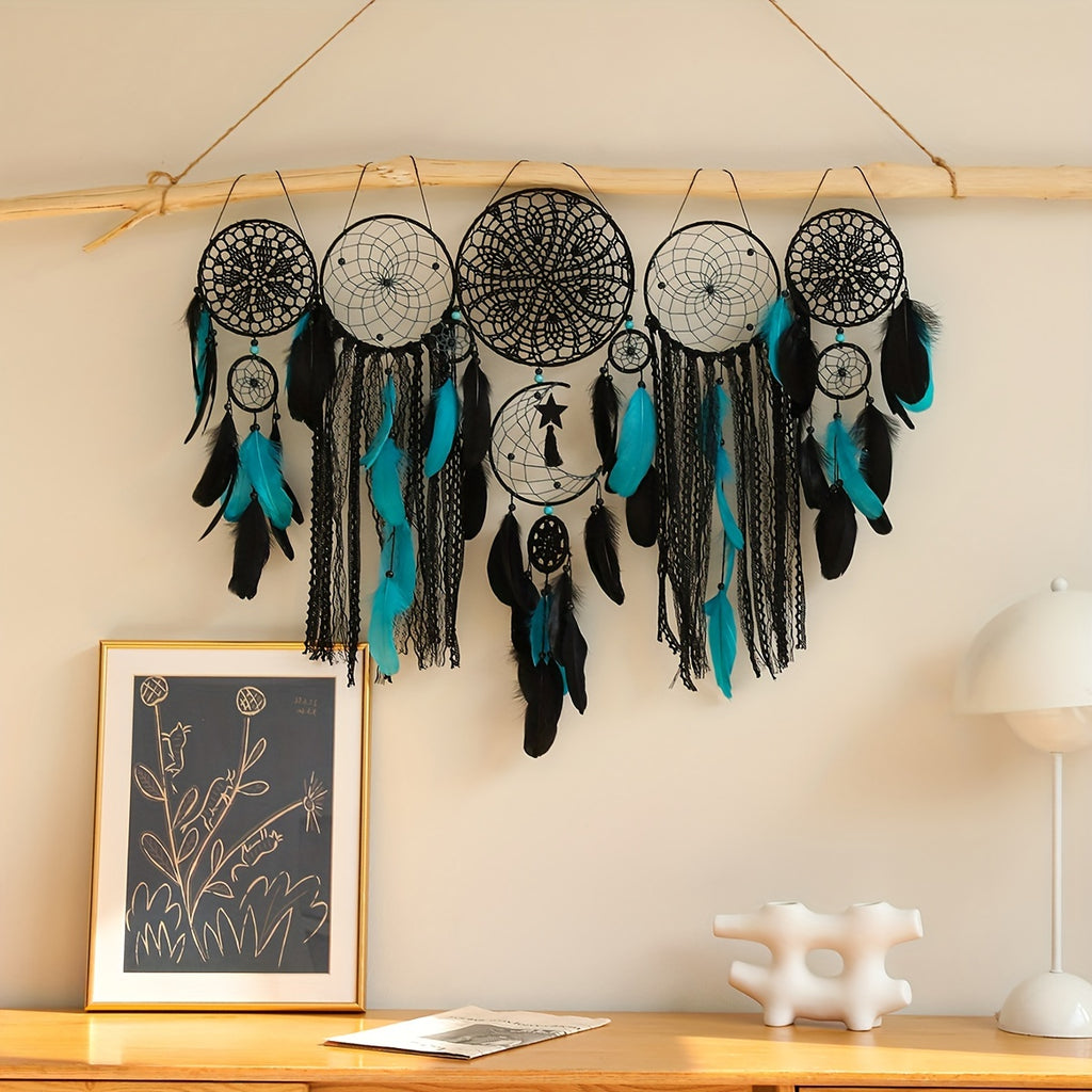 Boho Metal Dreamcatcher Set of 5 with Feathers – Large Multi-Size Wall Hanging Decor for Bedroom in 5 Colors, Spiritual Catcher Gift for Christmas & Graduation