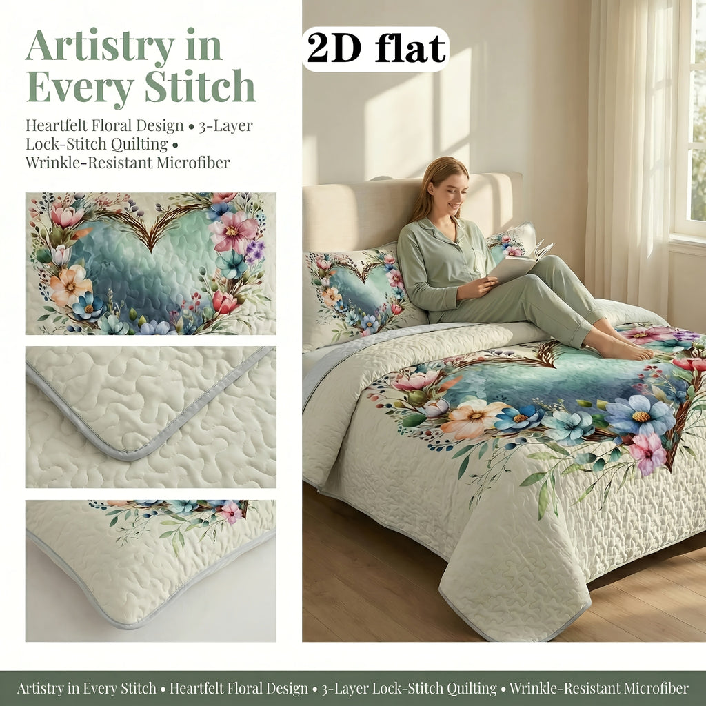 Floral Love Heart Quilted Bed Cover Set – 2 & 3 Piece Quilt & Pillowcases | Soft Breathable Hypoallergenic | Machine Washable | Twin, Full/Queen & King
