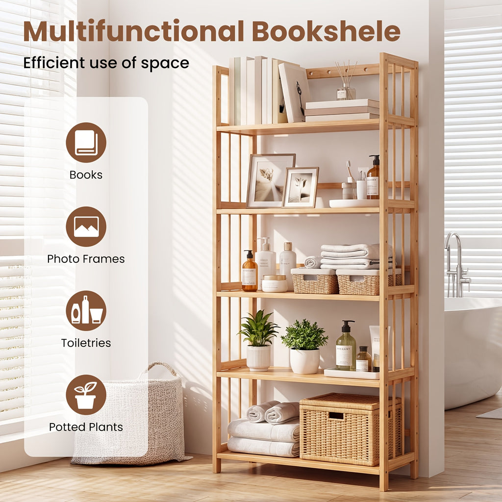 Bamboo Bookshelf Narrow 4 or 5 Tier Adjustable Shelves – Natural Wooden Bookcase Standing Storage Shelf Organizer for Small Spaces, Bedroom, Living Room & Home Office