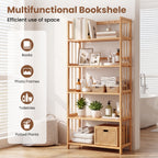 Bamboo Bookshelf Narrow 4 or 5 Tier Adjustable Shelves – Natural Wooden Bookcase Standing Storage Shelf Organizer for Small Spaces, Bedroom, Living Room & Home Office