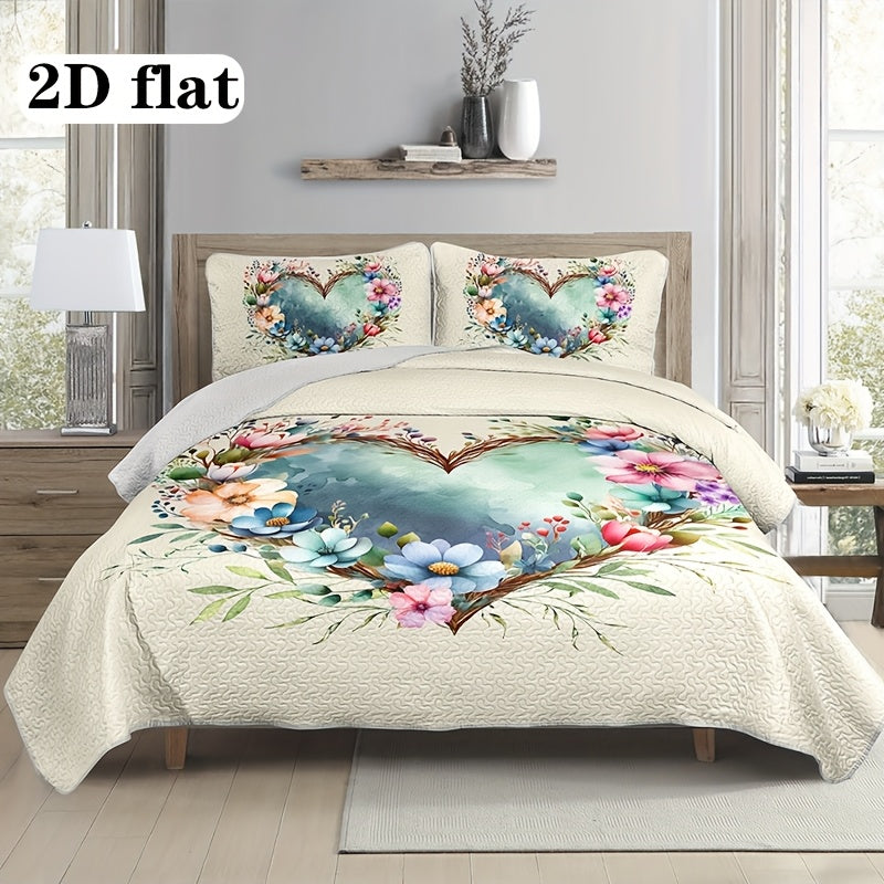 Floral Love Heart Quilted Bed Cover Set – 2 & 3 Piece Quilt & Pillowcases | Soft Breathable Hypoallergenic | Machine Washable | Twin, Full/Queen & King