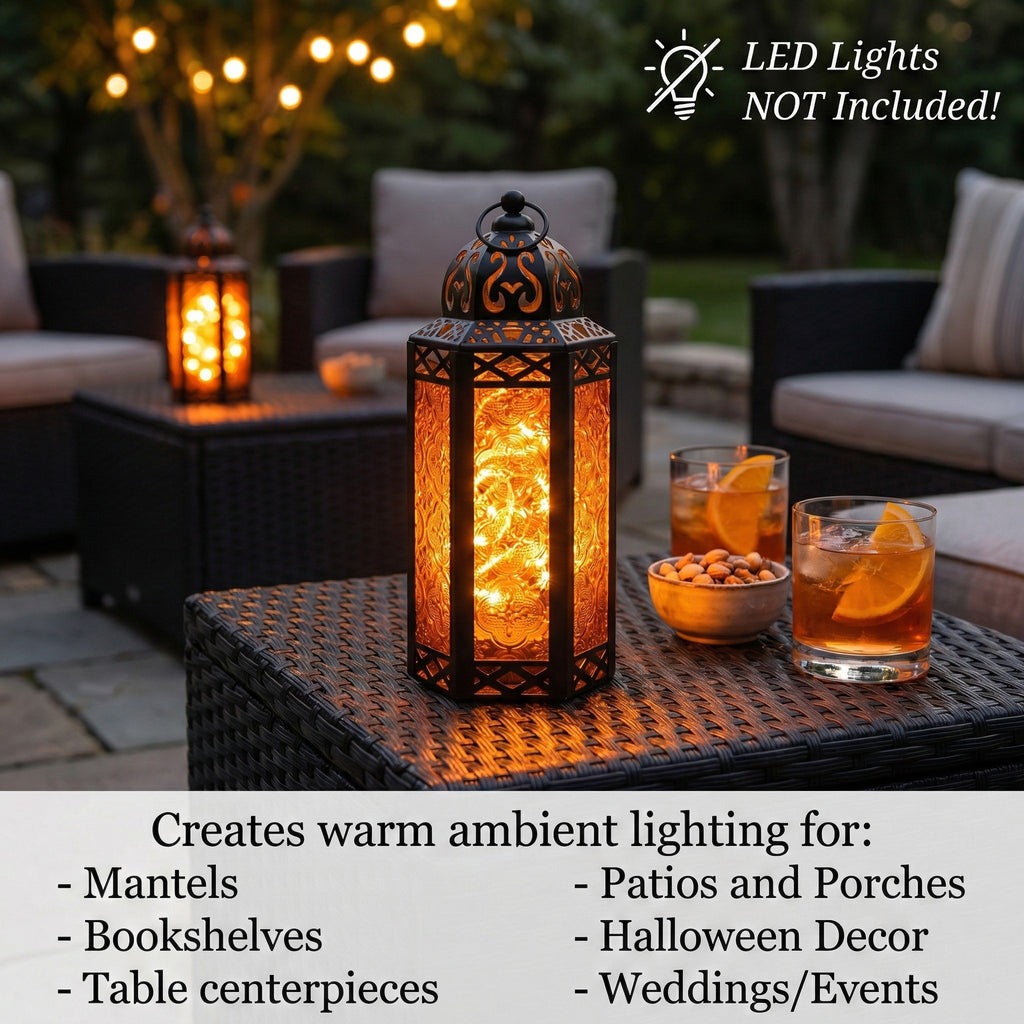 Moroccan Candle Lantern Holder Medium 10.5 Inch – Handcrafted Glass Iron Metal Lantern with Embossed Floral Panels, 17 Colors, Indoor Outdoor Use for Ramadan, Wedding, Patio, Diwali & Home Decor