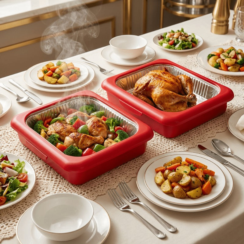 Reusable Food Storage Tray Set 4PCS 2-in-1 Plastic Serving Tray with Foil Trays – Holiday Party Containers for Christmas, Thanksgiving, BBQ & Outdoor Gatherings, White, Red & Black
