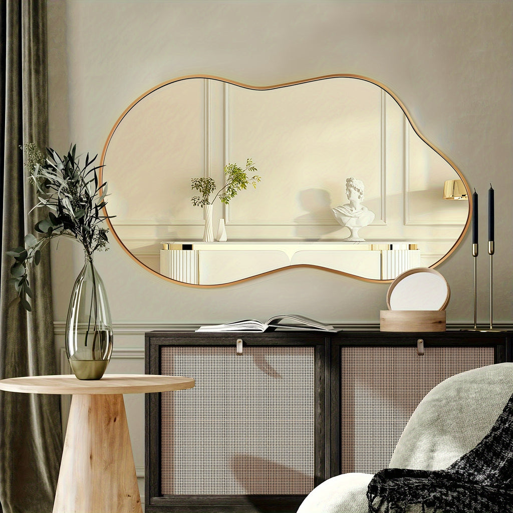 Irregular Wall Mirror Golden Asymmetrical Decorative Mirror Aviation Aluminum Alloy Frame for Bathroom Bedroom Living Room Entryway Cloakroom Modern Home Decor