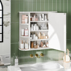 Bathroom Medicine Cabinet Wall Mounted with Mirror & 6 Open Side Shelves – White Wall Cabinet for Bathroom Storage & Organization