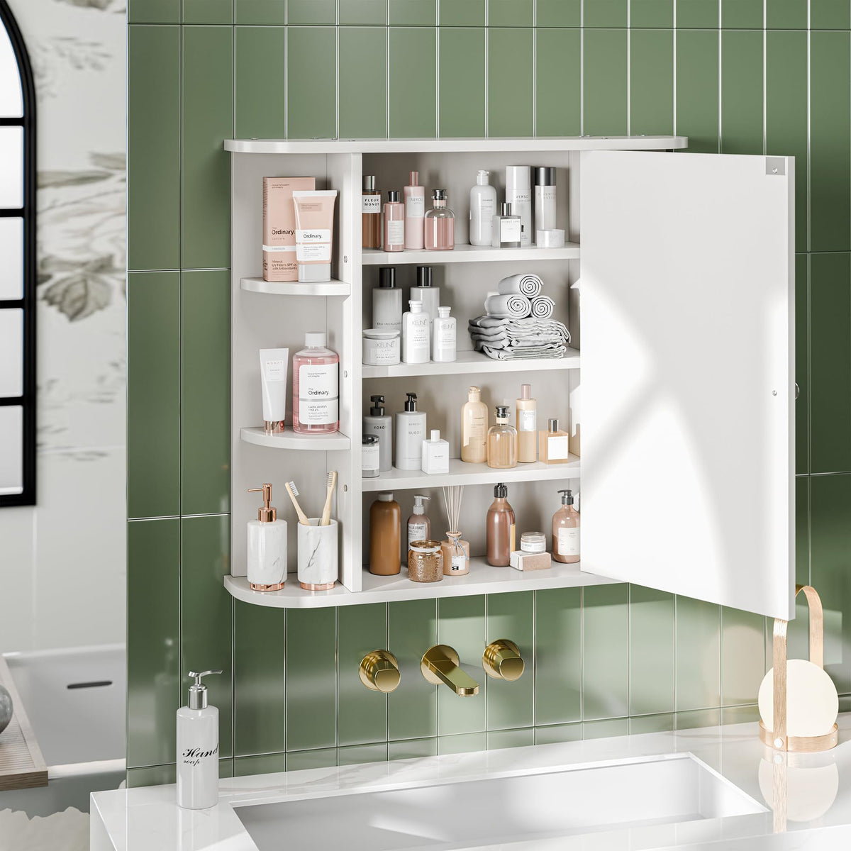 Bathroom Medicine Cabinet Wall Mounted with Mirror & 6 Open Side Shelves – White Wall Cabinet for Bathroom Storage & Organization