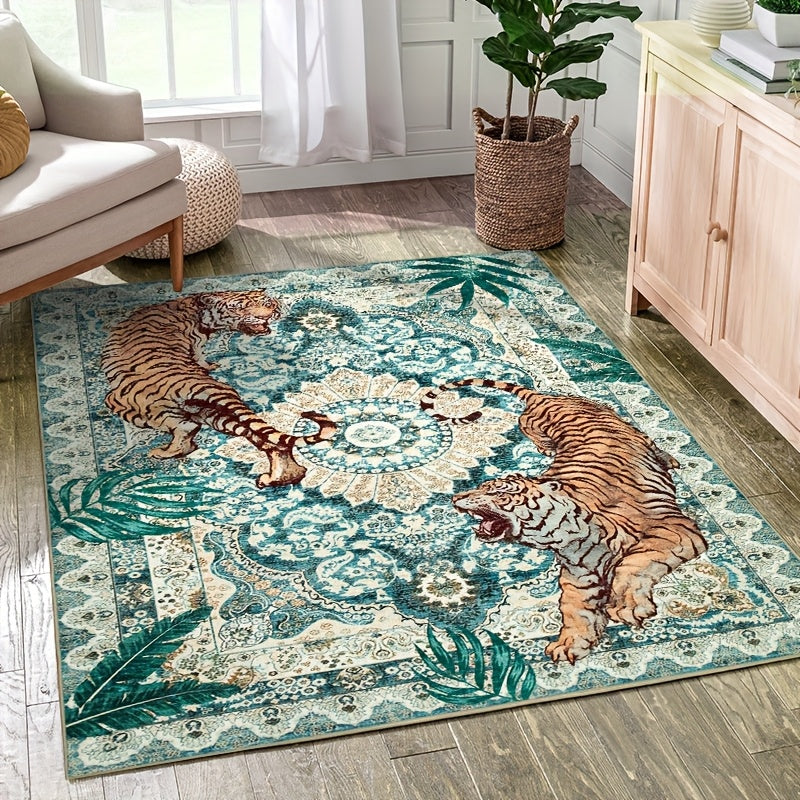 Tiger Jungle Area Rug – Washable Non-Slip Indoor Carpet for Living Room, Bedroom & Home Office | Red, Green, Beige | 5x7 to 9x12 ft | Nuvia Haven