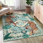 Tiger Jungle Area Rug – Washable Non-Slip Indoor Carpet for Living Room, Bedroom & Home Office | Red, Green, Beige | 5x7 to 9x12 ft | Nuvia Haven