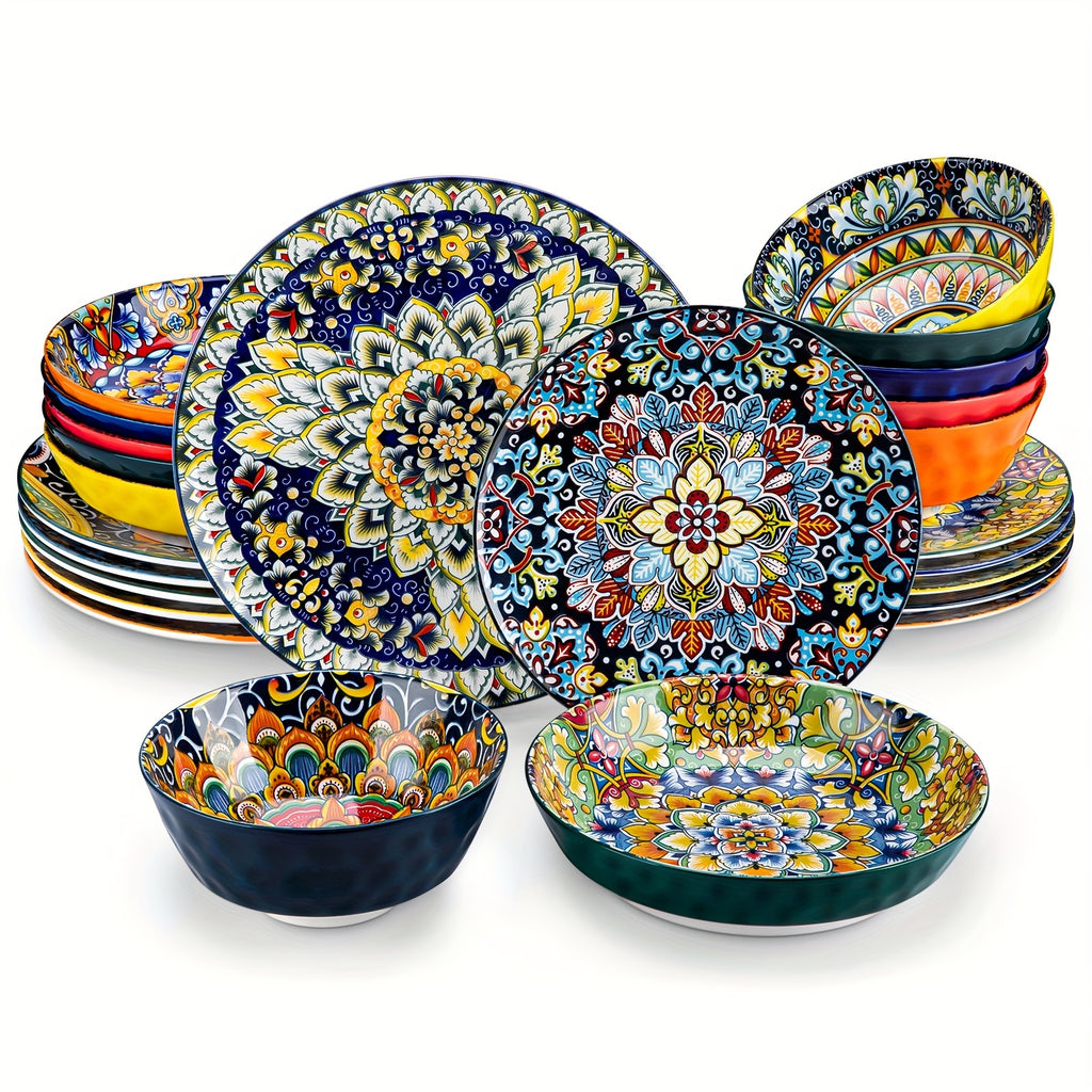 Bohemian Ceramic Dinnerware Set 16 or 24 Piece Stoneware Plates Bowls Tableware Colorful Floral Service for 4 or 6