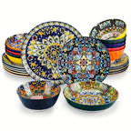 Bohemian Ceramic Dinnerware Set 16 or 24 Piece Stoneware Plates Bowls Tableware Colorful Floral Service for 4 or 6