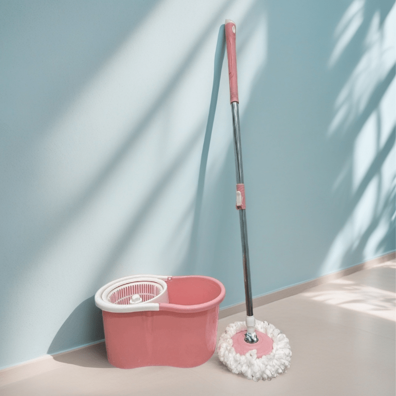 Pink 360 Spin Mop and Bucket Set with Wringer 4 Microfiber Heads Stainless Steel Adjustable Handle for Hardwood Tile Laminate Floor Cleaning
