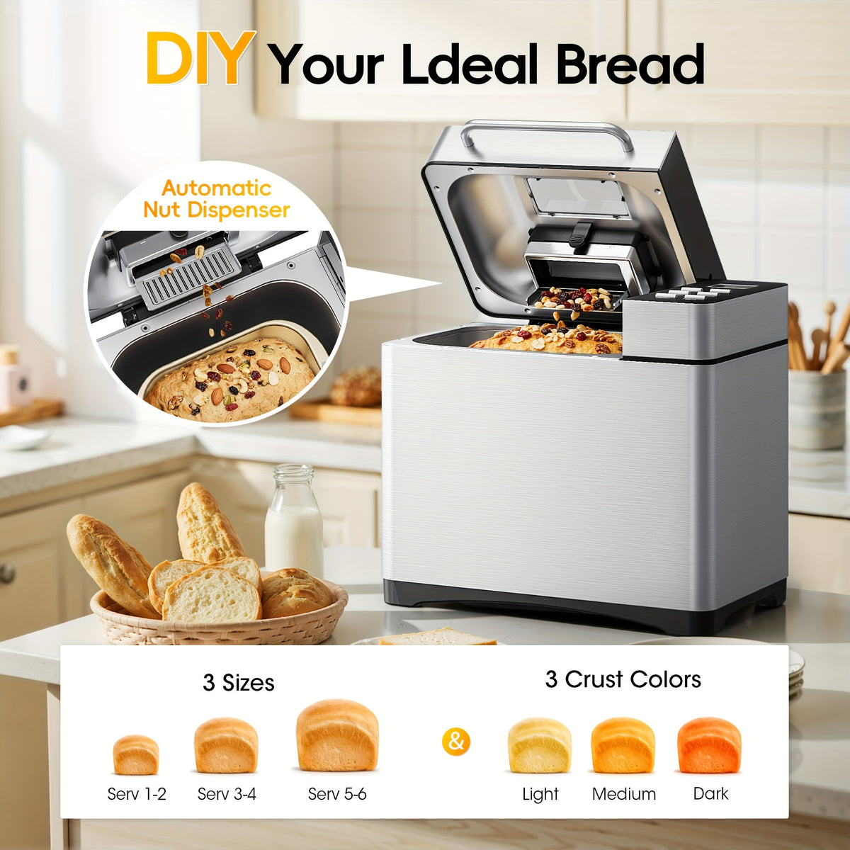 Bread Maker Machine 19-in-1 with Auto Nut & Fruit Dispenser, Ceramic Non-Stick Pan, Clear Viewing Window, 15-Hour Timer – Up to 2 LB Loaf