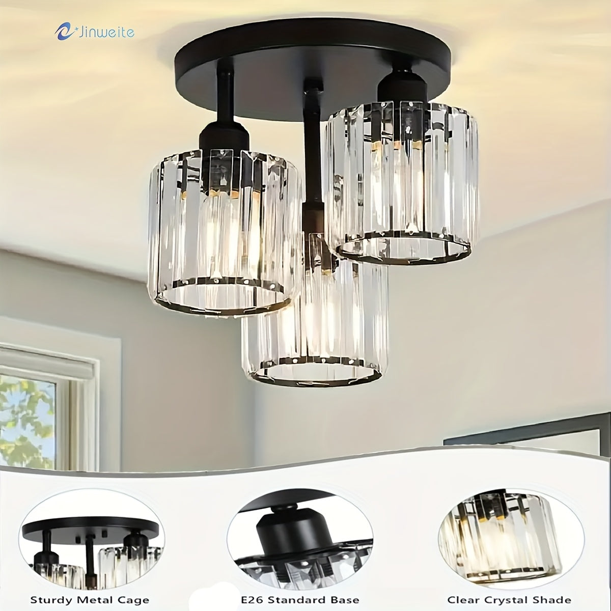 Crystal Semi Flush Mount Ceiling Light 3-Light Modern Chandelier with Transparent Glass Shades for Kitchen Hallway Bedroom Living Room – Black or Gold