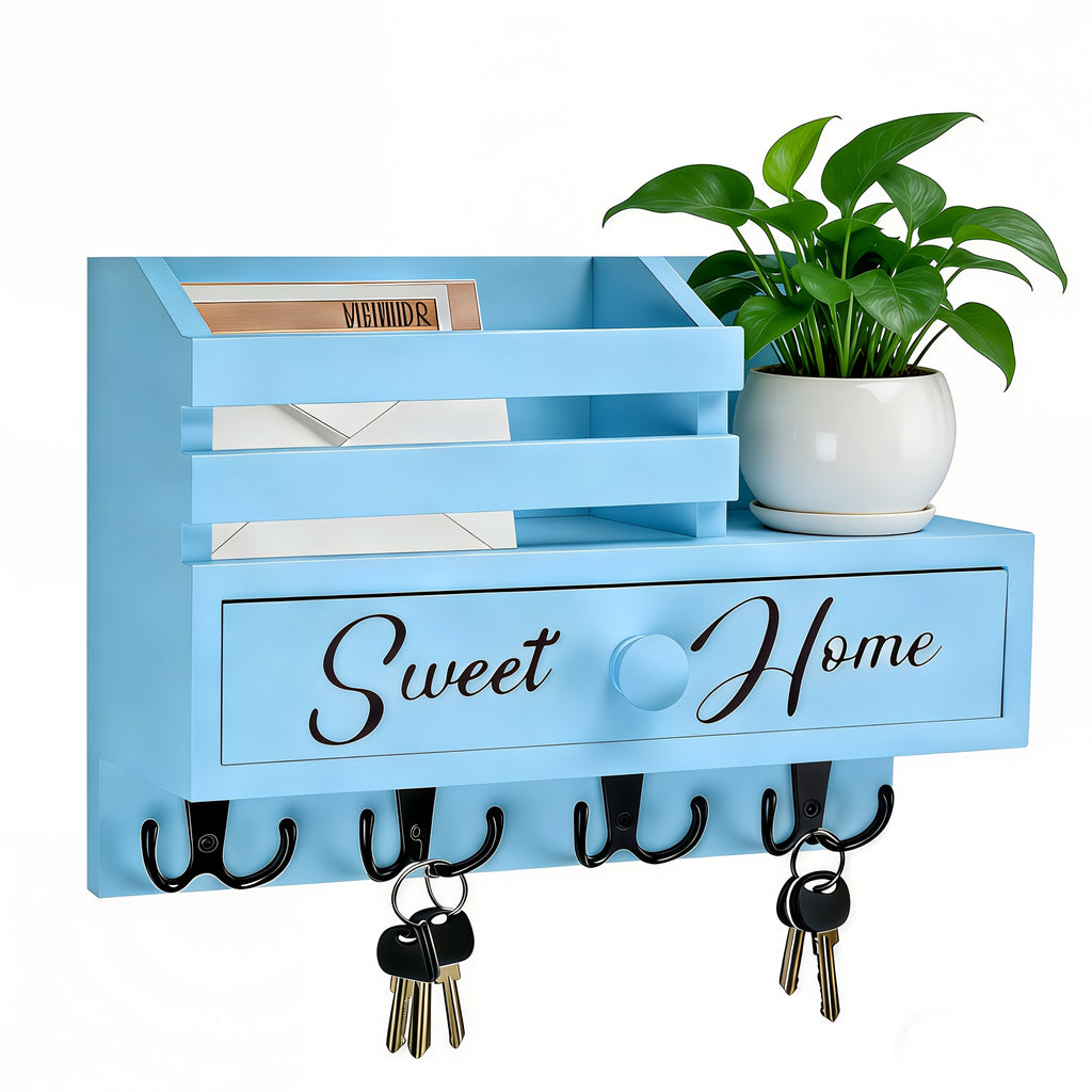 8-Hook Wall-Mounted Key & Mail Holder with Storage Drawer – Rustic Wood Entryway Organizer for Kitchen, Mudroom & Office, Adhesive Paintable Hooks, Space-Saving Easy Install