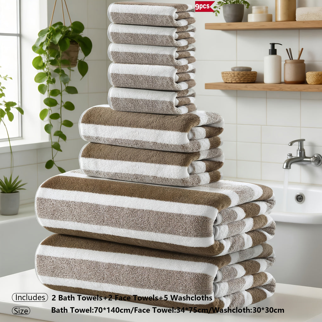 Classic Striped Bath Towel Set – 9 or 15 Piece No-Hair-Loss Super Absorbent Two-Color Towel Bundle | Large Bath Towels, Face Towels & Hand Towels for Bathroom & Beach