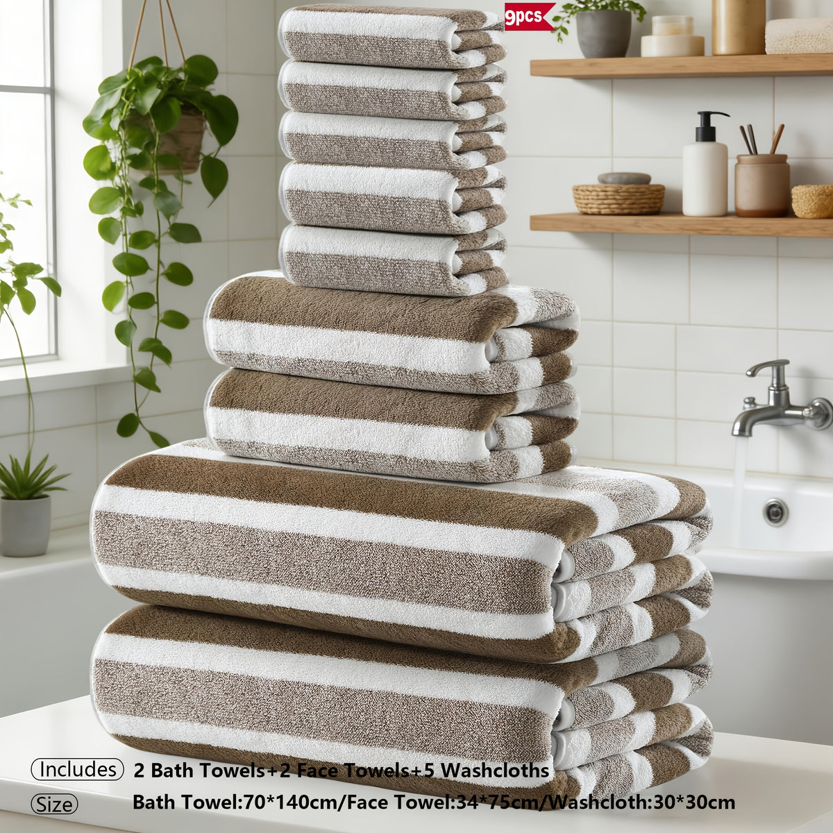 Classic Striped Bath Towel Set – 9 or 15 Piece No-Hair-Loss Super Absorbent Two-Color Towel Bundle | Large Bath Towels, Face Towels & Hand Towels for Bathroom & Beach