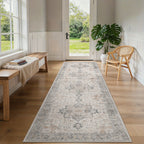 Vintage Floral Area Rug Machine Washable Non-Slip Runner Rug – Low Pile Soft Boho Hallway Carpet for Entryway, Kitchen, Corridor & Living Room – Light Taupe Brown, Multiple Sizes