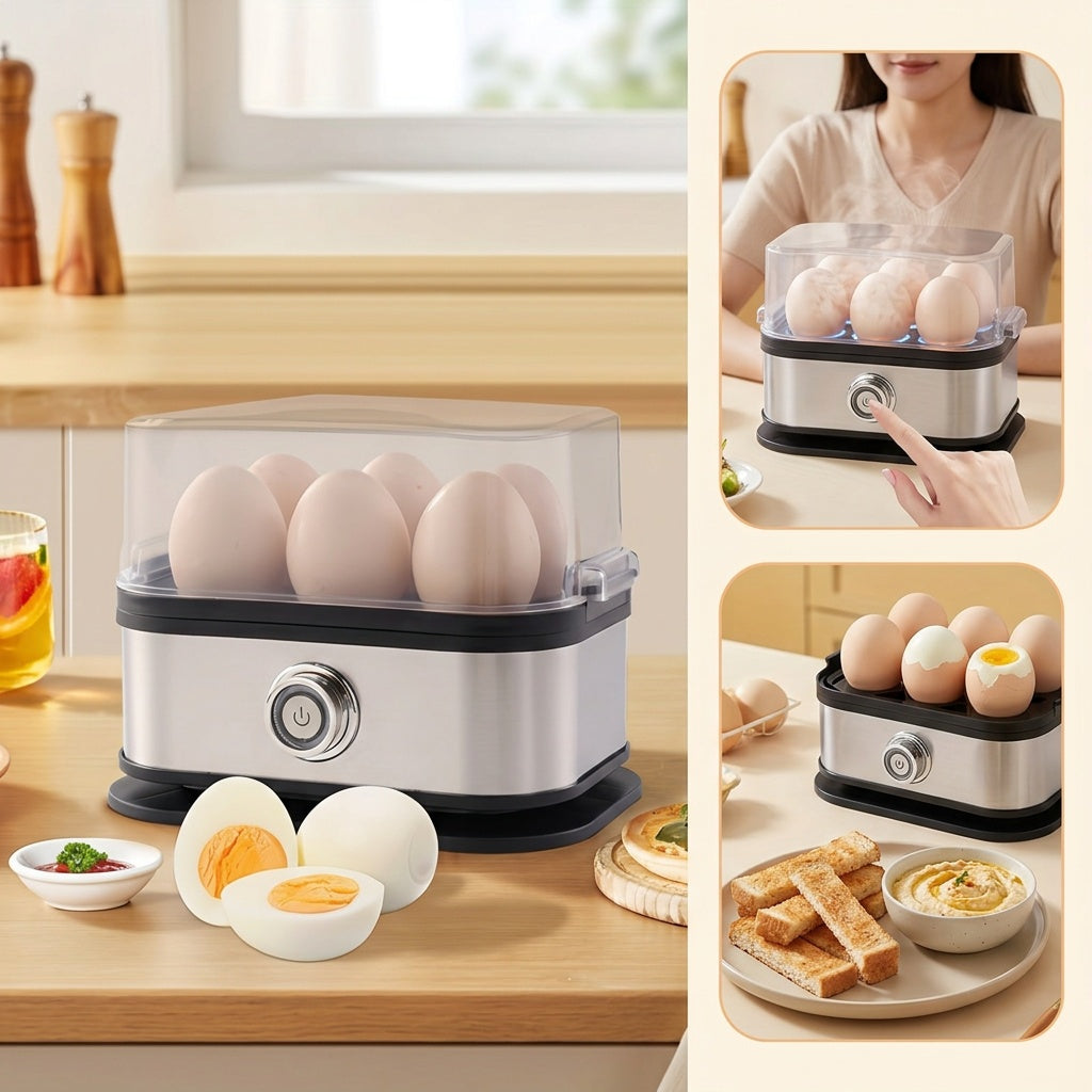 Rapid Egg Cooker 6 Egg Capacity Stainless Steel Electric Egg Boiler Hard Medium Soft Boiled Poacher Auto Shut-Off Alarm