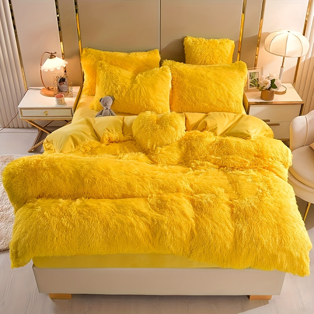Plush Faux Fur Duvet Cover Set for Kids & Teens, 3/4 Pcs with Pillowcases & Heart Pillow, Super Soft Warm Faux Fur Comforter Cover, Machine Washable Lodge Style Bedding, Twin Queen King