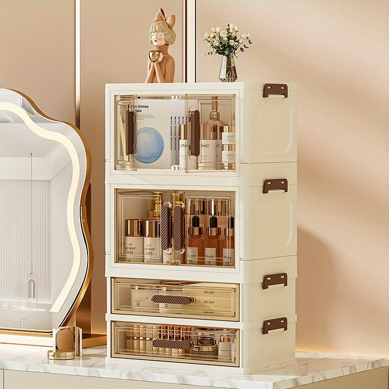 Makeup Organizer with Transparent Drawers 3/4 Tier – Foldable Large Capacity Stackable Cosmetic Storage Cabinet, Retro White & Gold Aesthetic Organizer for Skincare, Documents & Books, Elegant Girl Gift