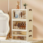 Makeup Organizer with Transparent Drawers 3/4 Tier – Foldable Large Capacity Stackable Cosmetic Storage Cabinet, Retro White & Gold Aesthetic Organizer for Skincare, Documents & Books, Elegant Girl Gift