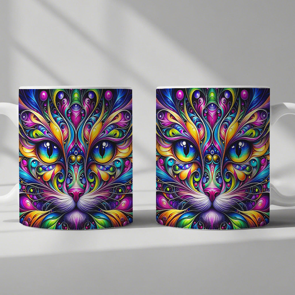 Psychedelic Cat Coffee Mug 11oz - Colorful Cute Cat Design Cup for Cat Lovers, Home & Office Use, Birthday & Holiday Gift