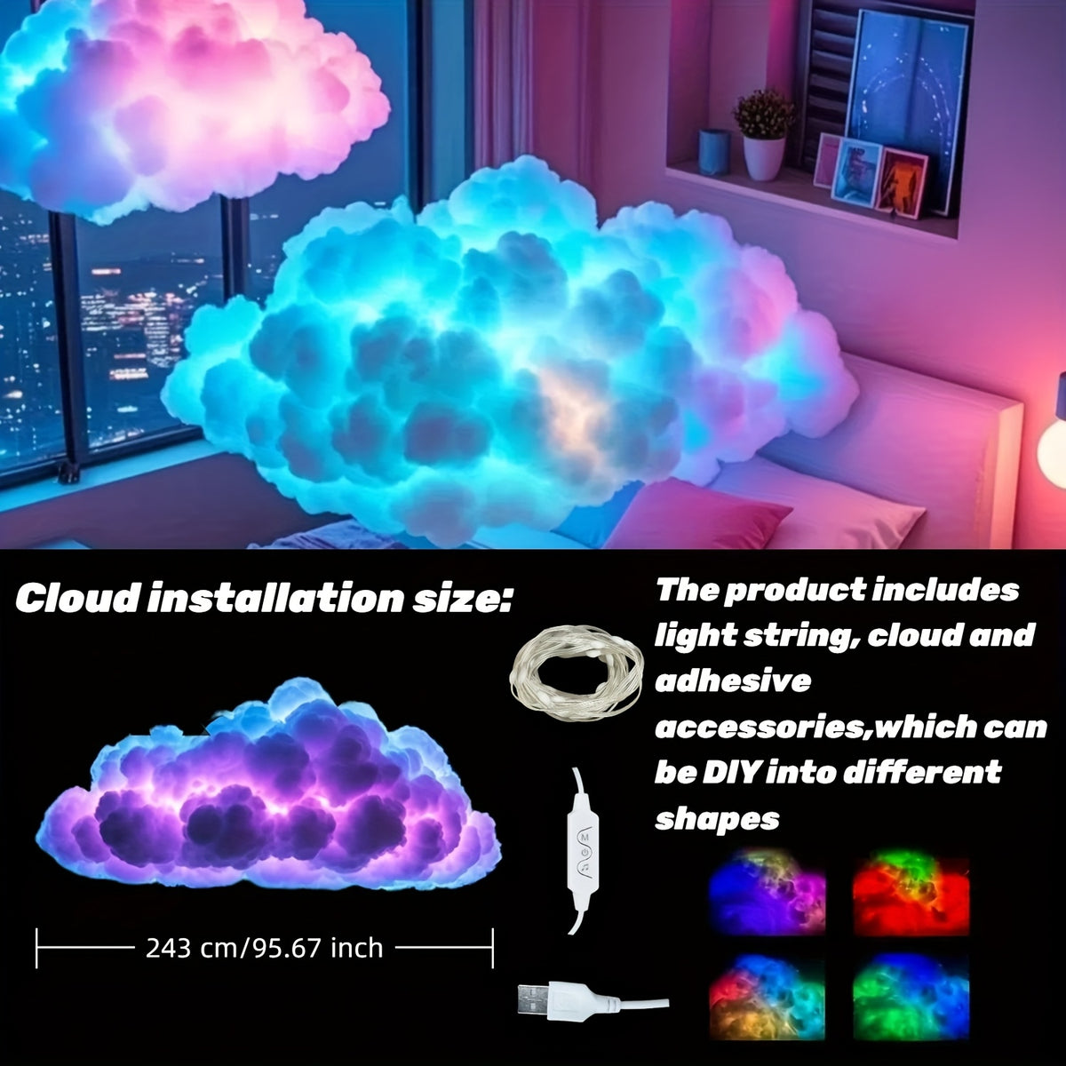 3D Thundercloud LED Atmosphere Light – Color-Changing USB Cloud Night Light for Gaming Room, Party, Garage & Club Decoration with Wall Mount & Freestanding Options