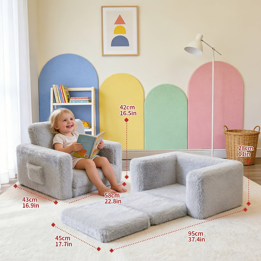 Kids Sofa Chair 2-in-1 Convertible Recliner – Soft Plush Velvet with Storage Pocket & Armrest Pockets, Folding Lounge Chair for Boys & Girls | Pink, Grey & White