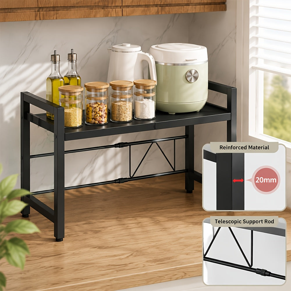 Microwave Oven Rack Expandable Countertop Shelf – Heavy Duty Carbon Steel Stand with 6 Hooks, Adjustable Height & Width, Dust Cover Included