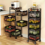 Rolling Kitchen Cart 5 Tier 360° Rotating Storage Organizer, Extra Large Standing Shelf with Locking Wheels & Removable Baskets for Pantry, Living Room & Office, Square Black