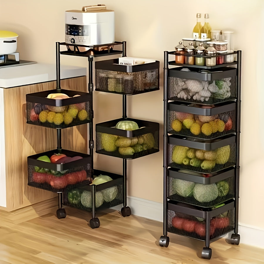 Rolling Kitchen Cart 5 Tier 360° Rotating Storage Organizer, Extra Large Standing Shelf with Locking Wheels & Removable Baskets for Pantry, Living Room & Office, Square Black
