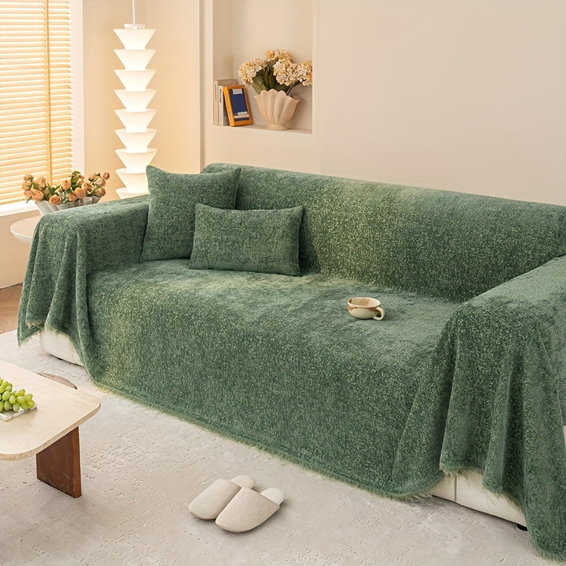 Chenille Sofa Cover with Tassels - Ultra Soft Thick Pet Friendly Couch Slipcover Solid Color 2 3 4 Seater Living Room Decor