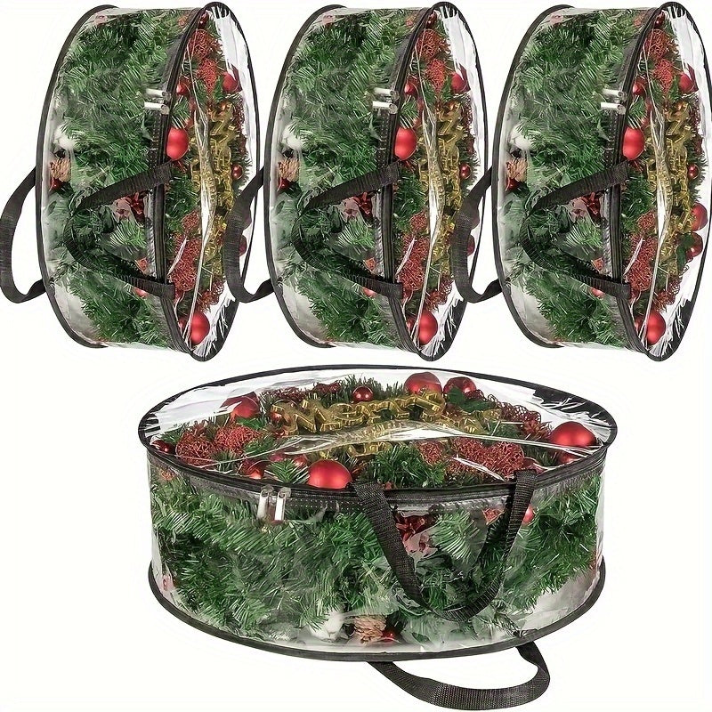 Transparent Wreath Storage Bags Heavy Duty PVC – 24 & 30 Inch Christmas Garland Protector Bags with Handles, 2 or 4 Pack, Seasonal Holiday Wreath Organizer