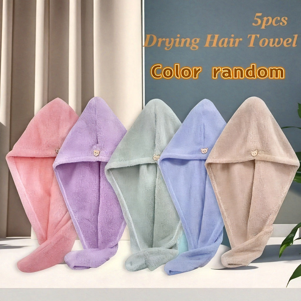 Microfiber Hair Towels 5pcs – Quick-Dry Super Absorbent Coral Velvet Drying Caps | Soft Lightweight Odorless Hair Wrap for Bathroom | Random Colors