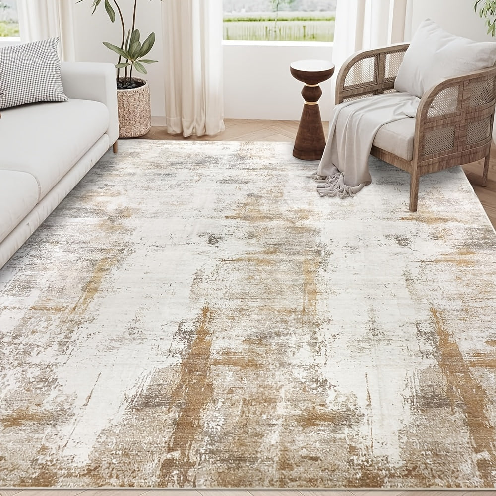 Modern Abstract Area Rug – Non-Slip Rubber Backing Washable Low Pile Rug for Bedroom Kitchen Entryway Dorm | Beige & Camel, 3 Sizes