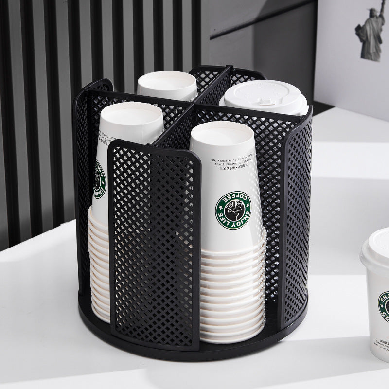 Rotating Paper Cup Holder with 4 Compartments | Disposable Coffee Cup Dispenser & Lid Rack for Countertop, Kitchen, Coffee Station & Bathroom | White or Black