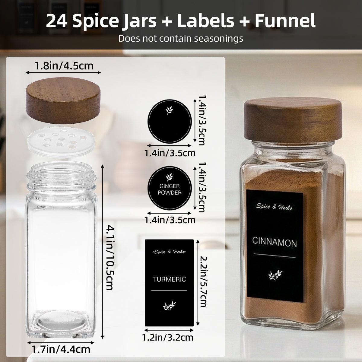 Glass Spice Jars Set with Acacia Wood Lids - 4oz Square Spice Bottles with Shaker Lids, Labels & Grinders for Kitchen Spice Storage and Organization