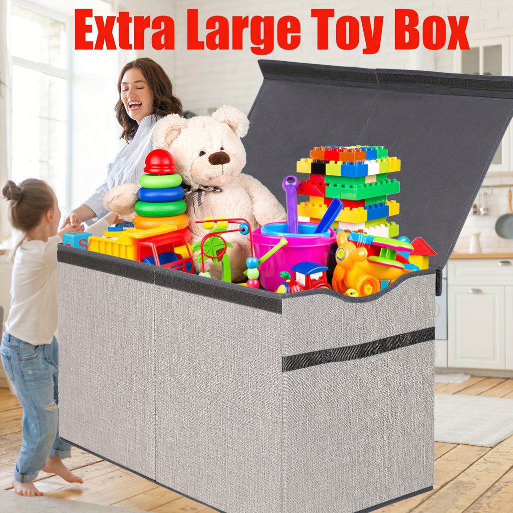Extra Large Collapsible Storage Box 31.7 Gal with Lid – Foldable Kids Toy Chest Organizer Bin for Boys & Girls, Bedroom, Living Room & Nursery, Sturdy Basket in Black, Beige & Dark Grey