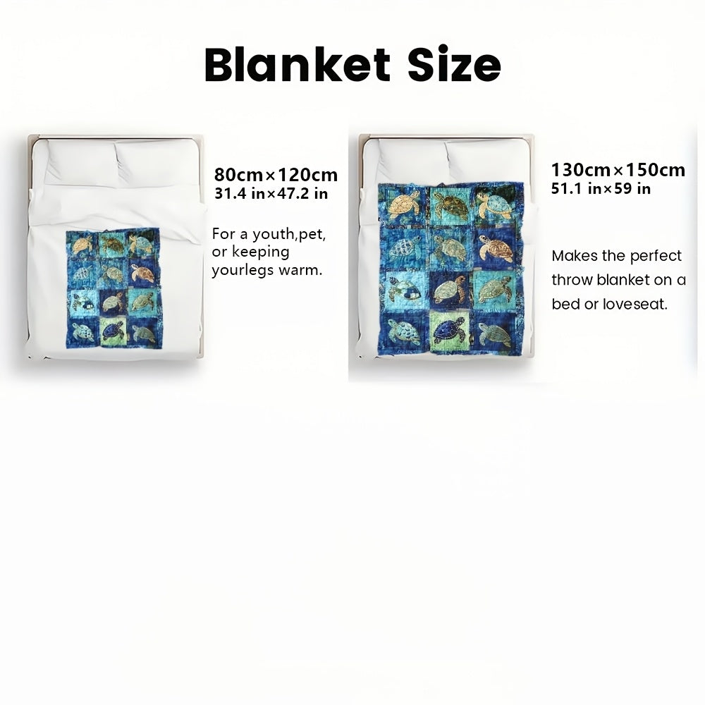 Turtle Print Flannel Throw Blanket – Soft Lightweight Digital Print Ocean Turtle Design, 3 Sizes for Sofa Bed Chair Home Decor & Travel
