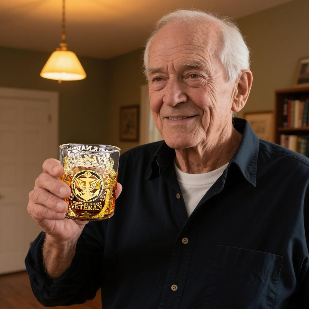 Veteran Tribute Whiskey Glass 10oz – Engraved US Navy Military Gift, Patriotic Personalized Whiskey Glass for Dad, Veteran & Anniversary
