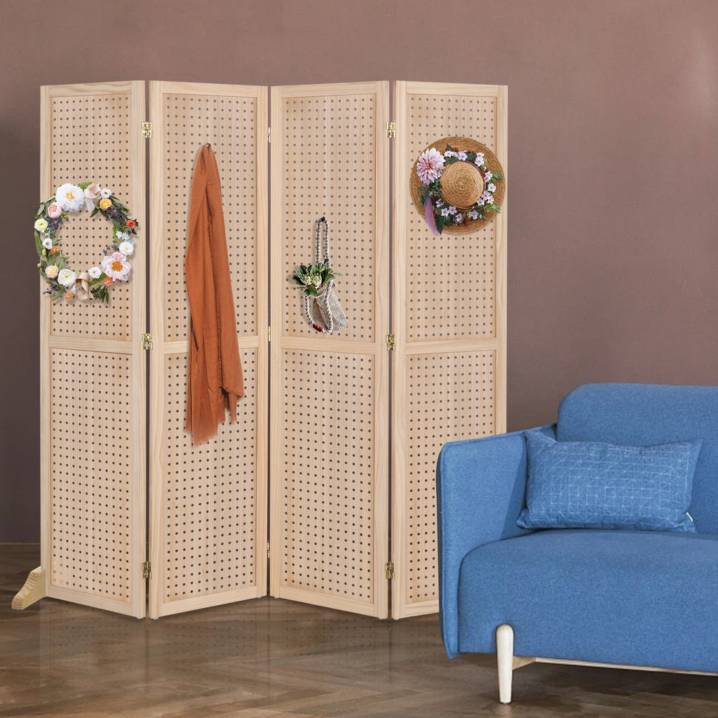 5 FT Freestanding Pegboard Room Divider | Wood Folding Privacy Screen & Display Board Organizer with Support Feet – White, Black, Natural, Grey | Craft Shows, Retail & Home