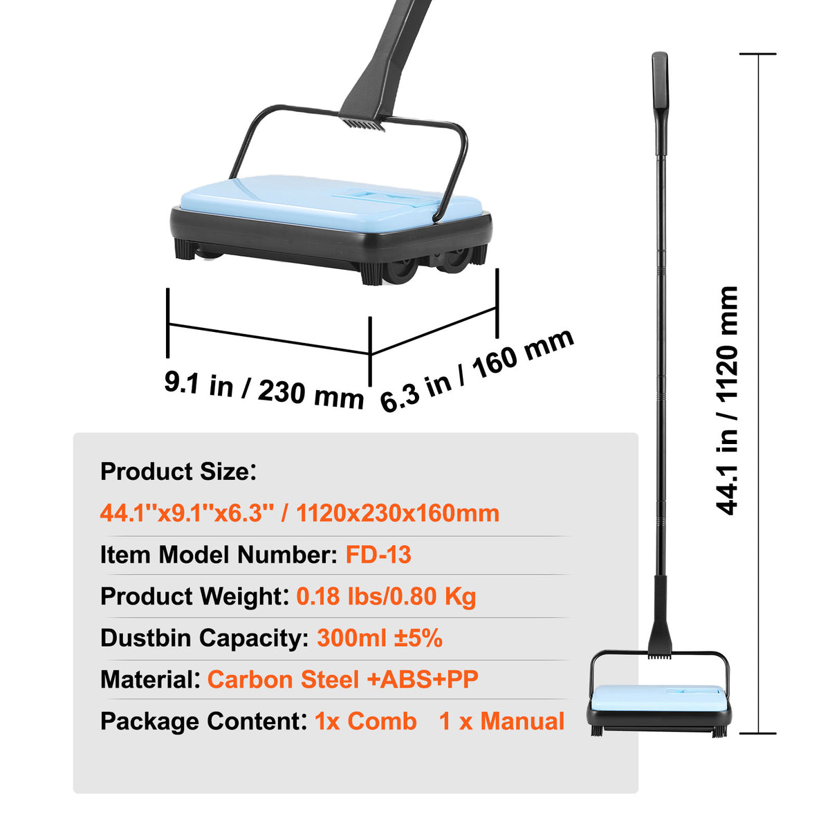 Manual Carpet Sweeper No Battery Needed 300ml Dustbin 180° Rotating Head Floor Sweeper for Carpet Hardwood Tile Pet Hair Home Office