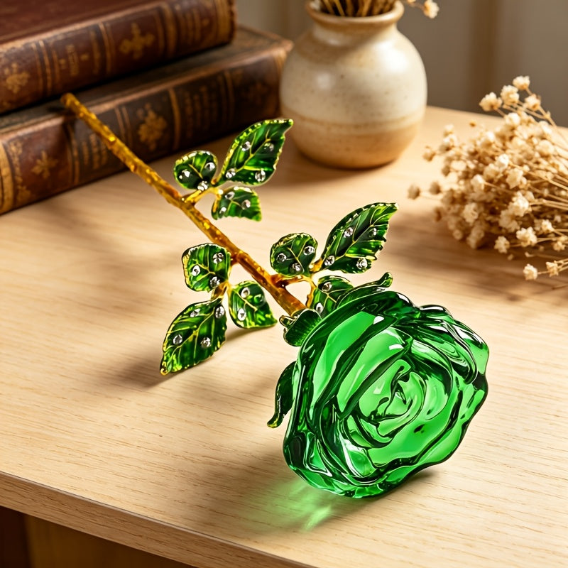 Crystal Rose Decorative Accent Flower Sculpture, Single Stem Glass Rose Home Decor Ornament, Indoor Outdoor Room Decoration, Valentine's Day Christmas Birthday Gift for Her Him – 4 Colors