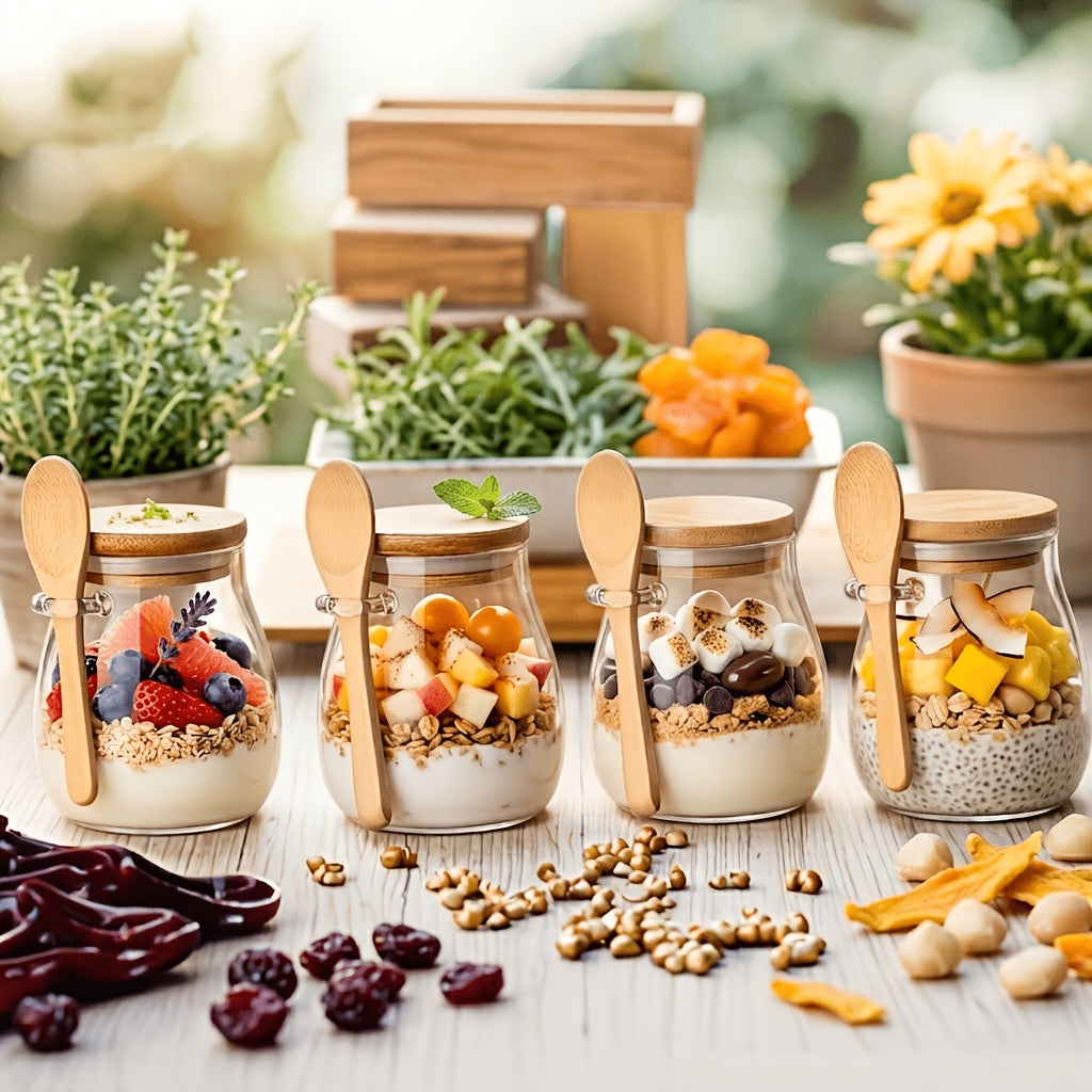 4-Pack 11.96oz Glass Meal Prep Jars with Lids & Spoons – Overnight Oats, Chia Pudding, Yogurt & Salad Containers