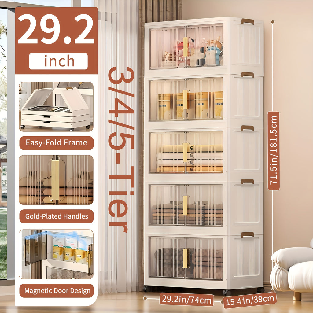29.2" Wide Extra Large Collapsible Storage Cabinet 4/5-Tier – Stackable Plastic Bins with Lids & Wheels, Foldable Organizer System for Closet, Bathroom, Home, Office & Dorm