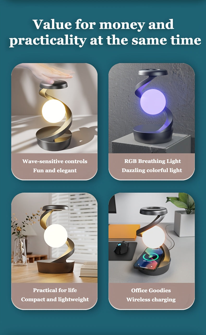 Floating Rotating Lamp with Wireless Charging, Color-Changing LED Table Lamp, Bedside Nightstand Lamp with Atmosphere Night Light – Home & Party Decor