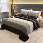 Striped Quilted Coverlet Set 3 Piece – Brushed Soft Warm Black Grey White Bedspread with 2 Pillowcases for Bedroom & Guest Room, No Insert