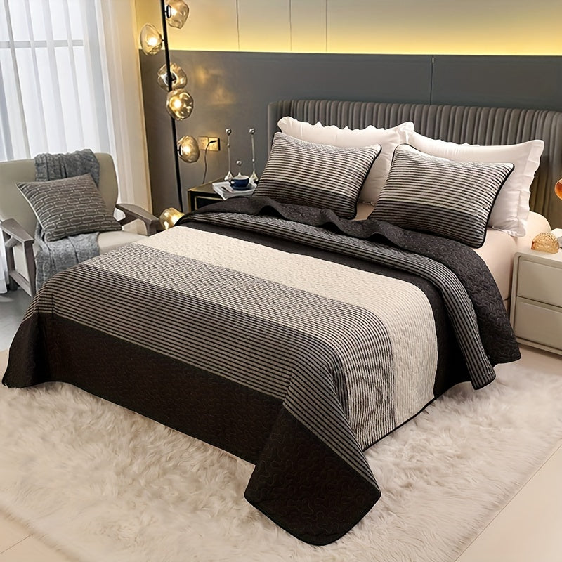 Striped Quilted Coverlet Set 3 Piece – Brushed Soft Warm Black Grey White Bedspread with 2 Pillowcases for Bedroom & Guest Room, No Insert