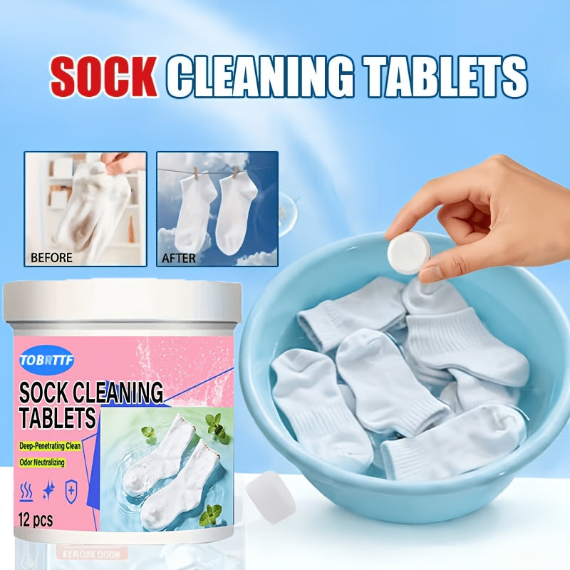 Sock Cleaning Tablets 12-Pack Deep Penetrating Clean Odor Neutralizing Sweat and Stain Remover Laundry Soak Tablets for Socks No Scrubbing Needed