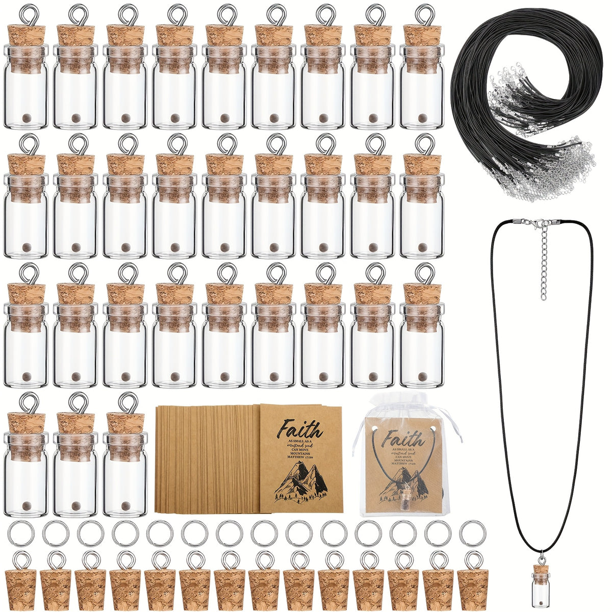 Mustard Seed Faith Necklace Craft Kit 50 Sets – DIY Christian Gift for Women with Mini Glass Jars & Faith Cards, Classical Style, Without Seeds